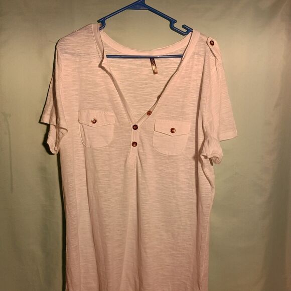 Women's White Short Sleeve Henley Tunic Top with Button Detail - Picture 2 of 5